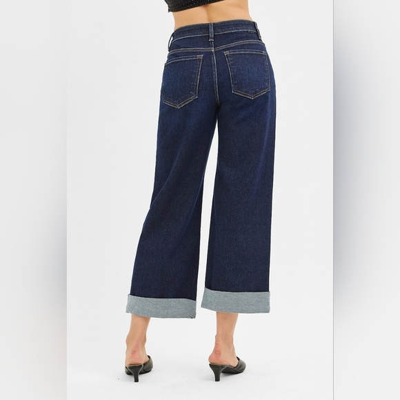 RISEN Mid Rise Deep Dark Wash Wide Leg Rolled Cuffed Ankle Jeans Various NEW - Picture 5 of 6